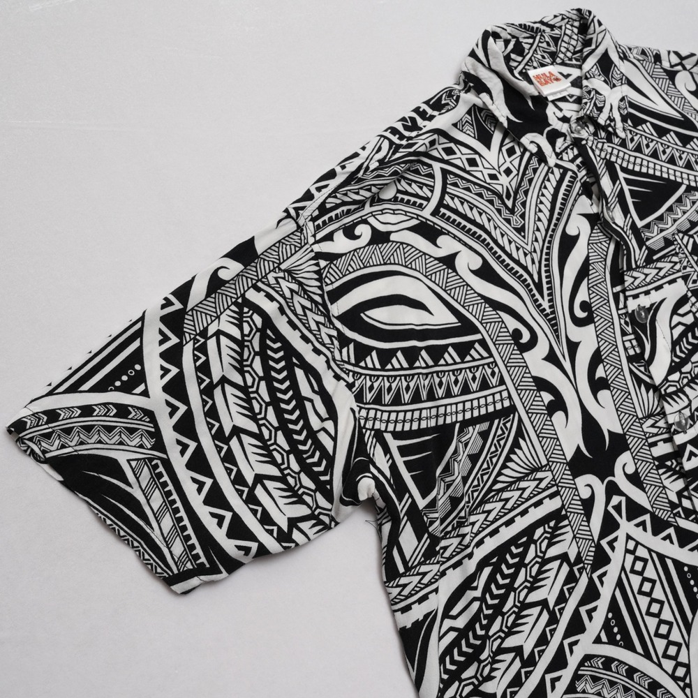 Hula Bay Aloha Shirt Mens XL Black White Polynesian Tribal Rayon Short Sleeve - Picture 8 of 16